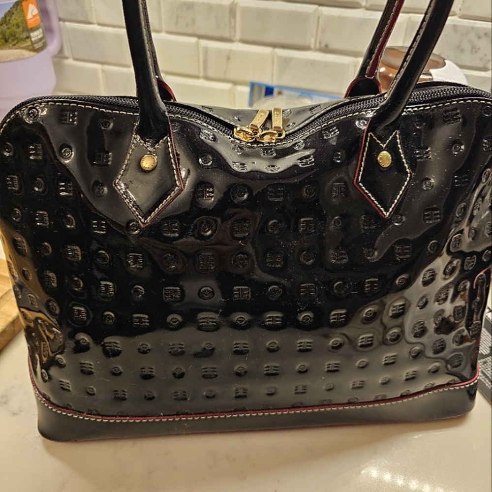 Arcadia Italian Bugatti Black/ Natural + Red Edges Patent LeatherSatchel Bag